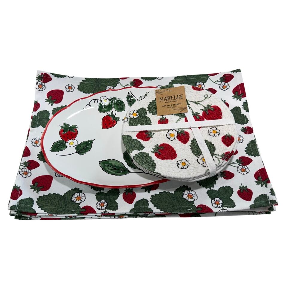 Mabelle Kitchen & Table Strawberry Ceramic Platter 4 Trivets 8 Placemats Set
